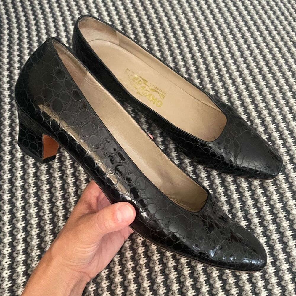 Salvatore Ferragamo Black Embossed Leather Heels